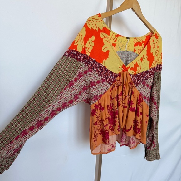 Free People Women's Floral Patchwork Boho Blouse V-Neck Long Sleeve S Flowy - Picture 6 of 11